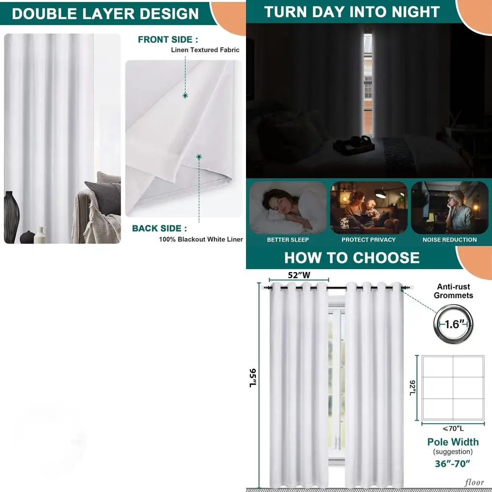 

Термоизолирующие льняные светонепроницаемые шторы для спальни, белые, 2 панели, 52x95 дюймов