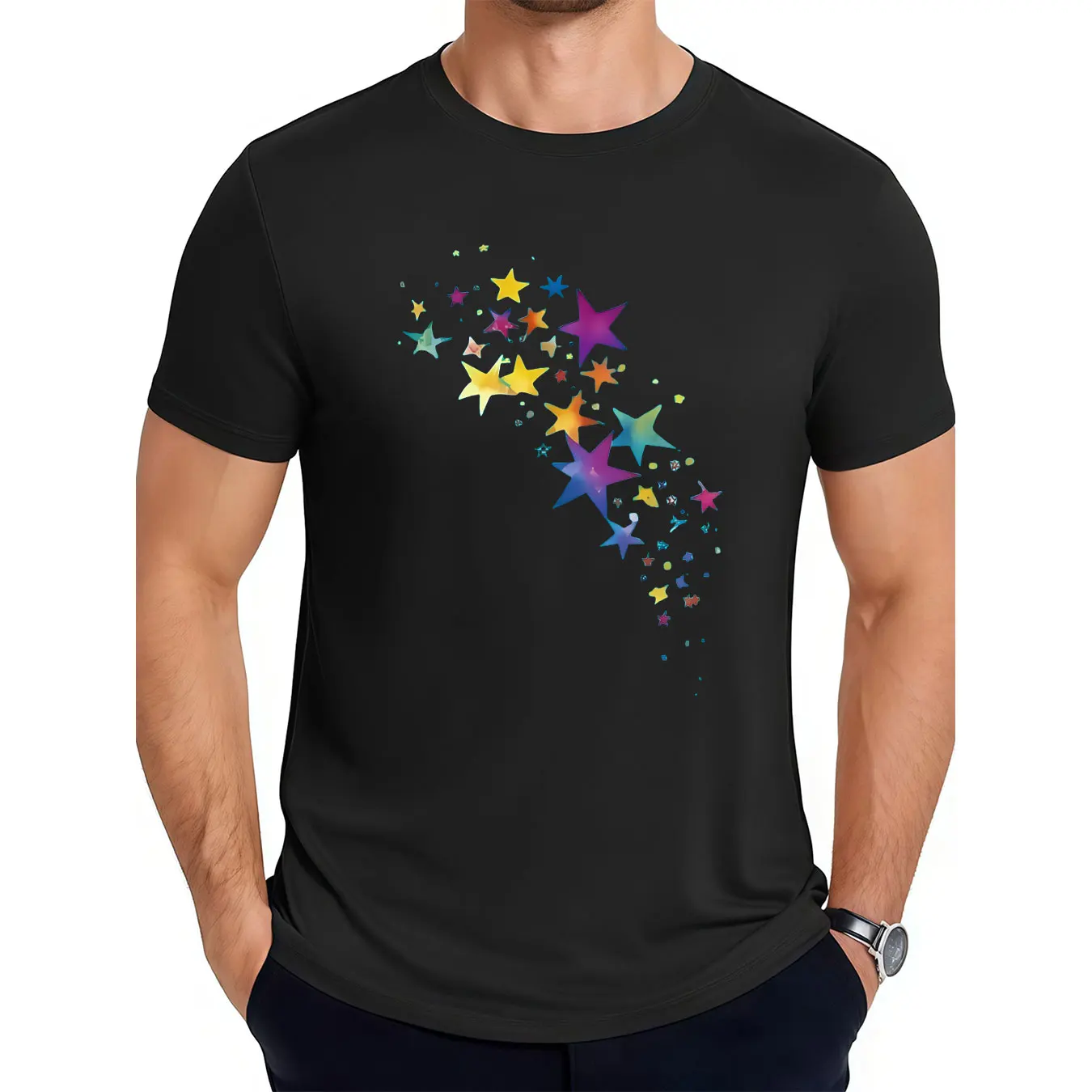 

Men's Cotton Stars Print Round Neck Short Sleeve Tee Soft Comfy Machine Washable Christmas Gift