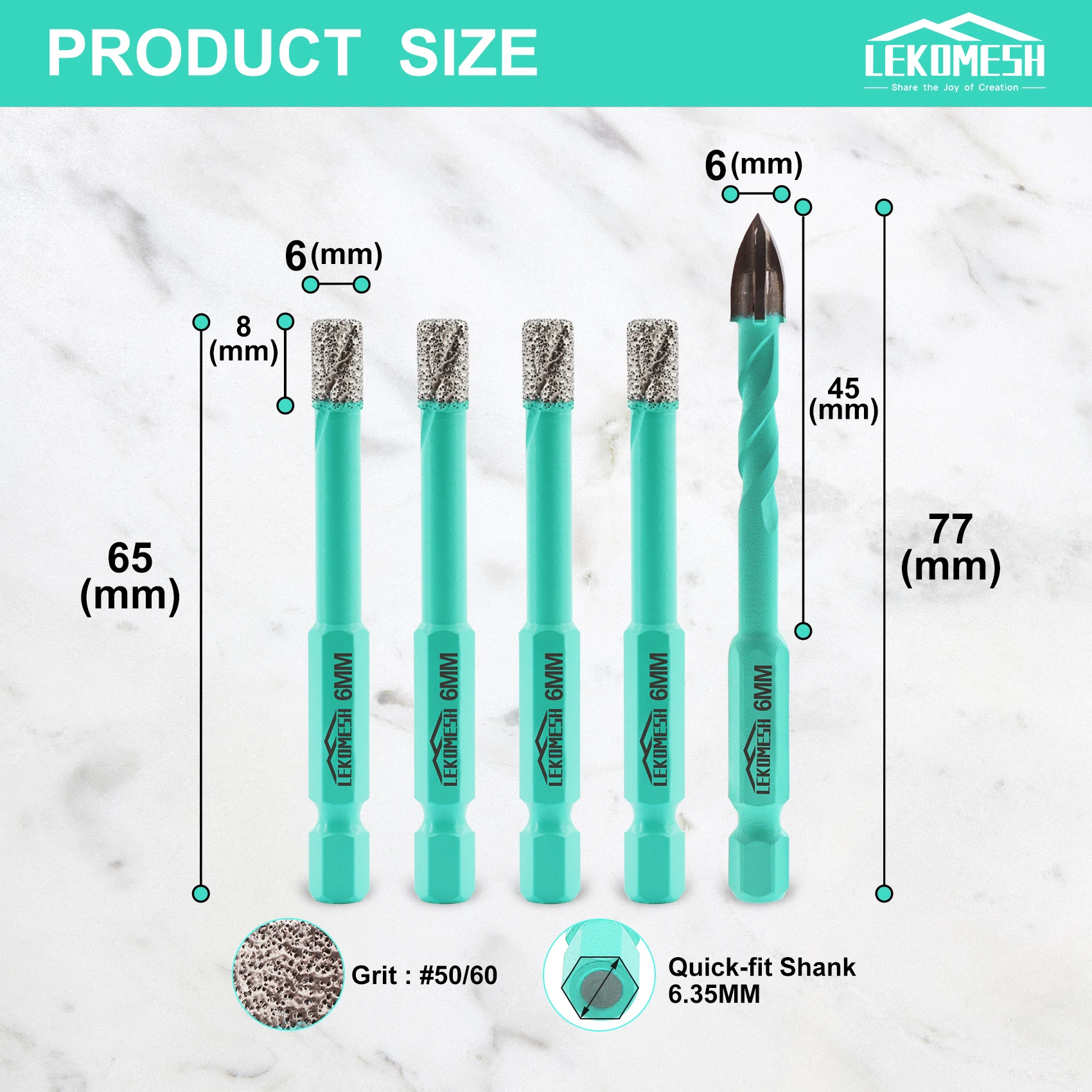 LEKOMESH 4 pcs Drill Bits Kit  6mm Diamond Core Bits+6mm Positioning Hole Opener Drilling Ceramic Porcelain Tile Quick-Fit Shank