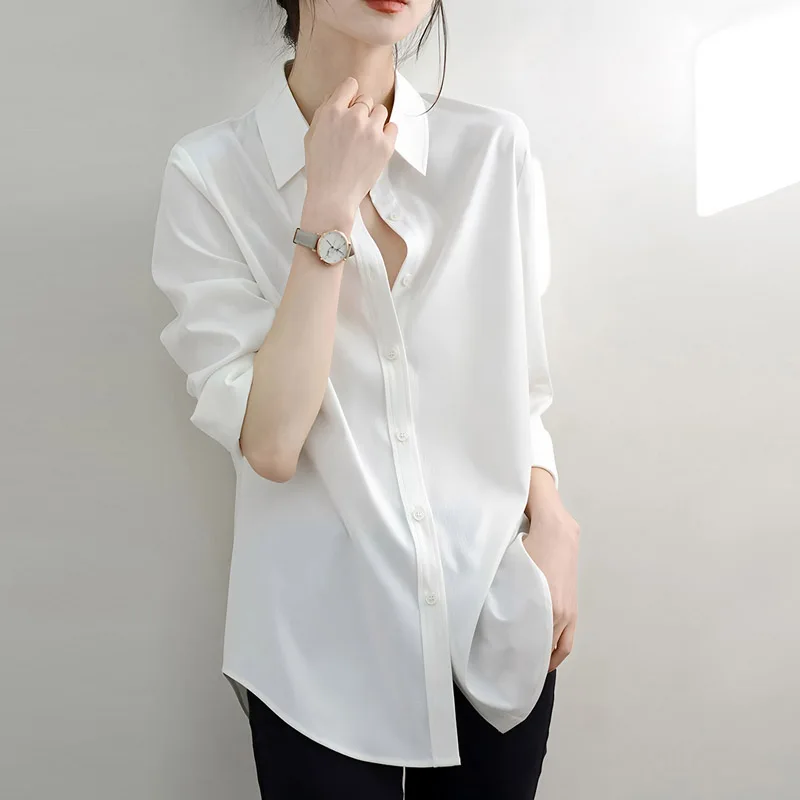 Camicetta da donna elegante bianca con colletto rovesciato primavera autunno nuove camicie da ufficio larghe casual monopetto stile francese femminile