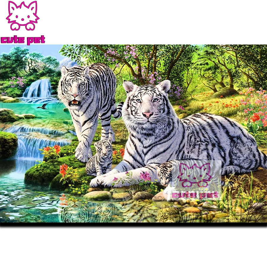 

Озеро дерево алмазная живопись вышивка крестиком животное белый тигр DIY полная квадратная картина 5d Алмазная вышивка мозаика украшение подарок