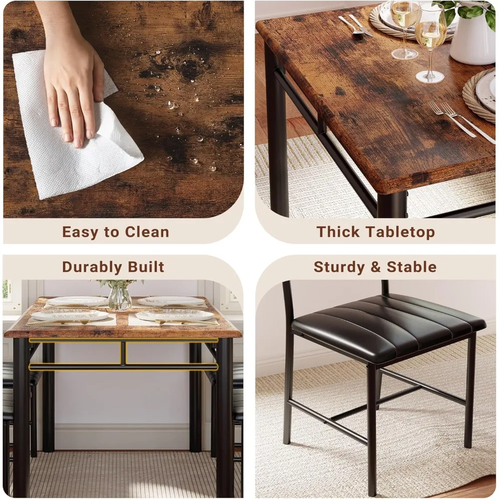 Juego de mesa de comedor para 4, mesa de cocina de madera con sillas tapizadas para cocina y espacios pequeños, marrón rústico