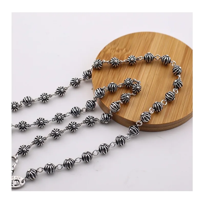 

Crowe's New Cross Flower Round Bead Necklace Personalized Hip-hop Old Versatile Simple Men's and Women's Thai Silver Necklace
