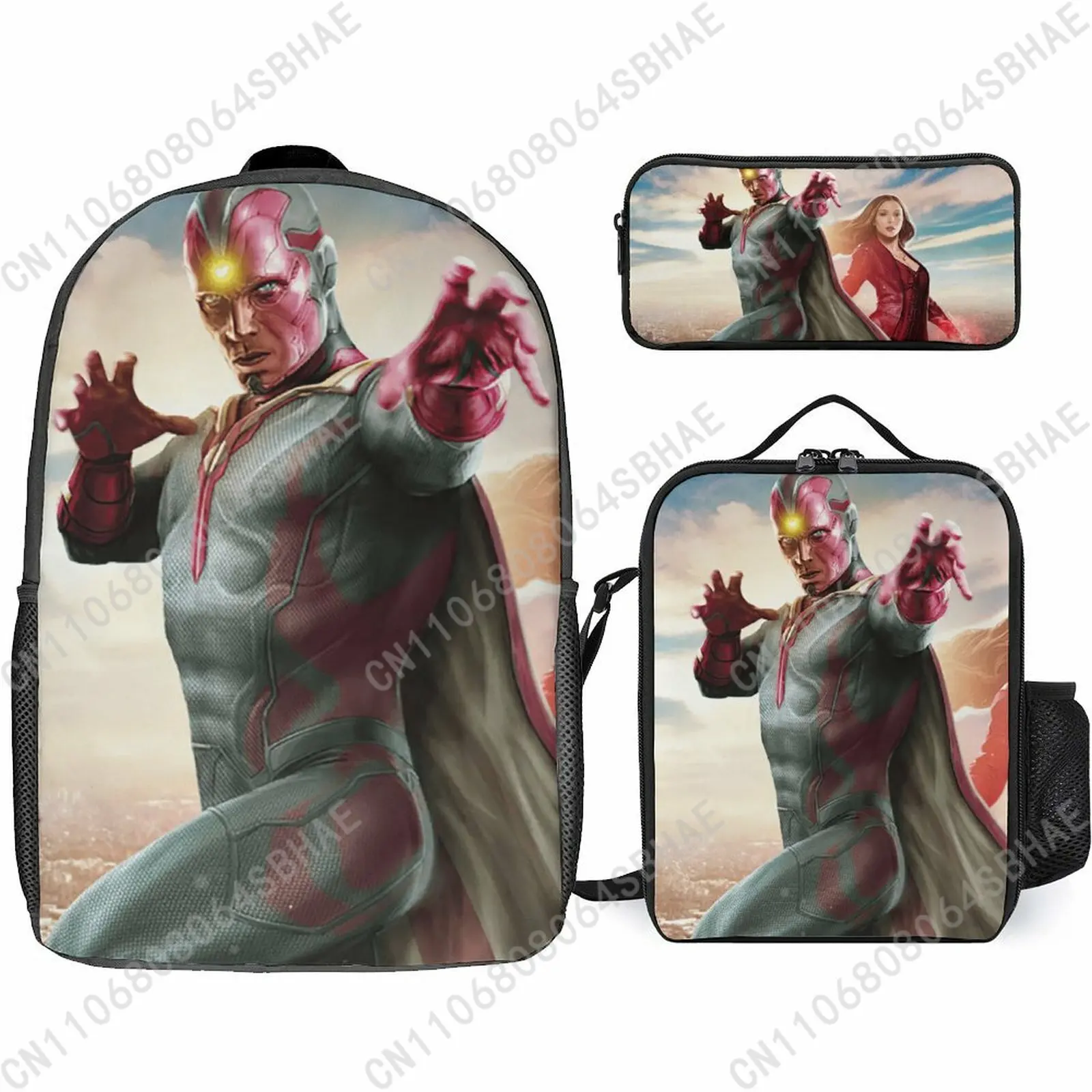 

Marvel Vision School Backpack For Teen Middle High School Students 3Pcs Bookbag Lunch Tote Bag Pencil Pouch Cosplay