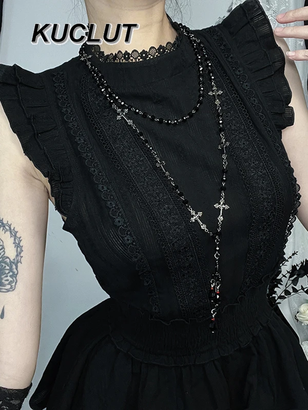 High Street Style Gothic Sleeveless Dress Short Sleeve Shirt Fashion Vintage Y2k Punk Solid Color Women's Casual Dresses