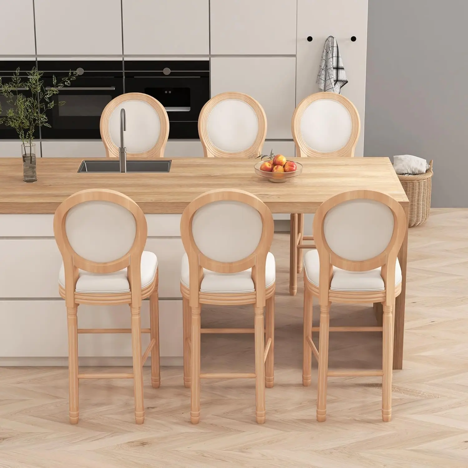 30-Inch French Country Bar Stools Set Of 2, Farmhouse Barstools With Solid Wood Frame And Fabric Upholstered Backrest, Rattan