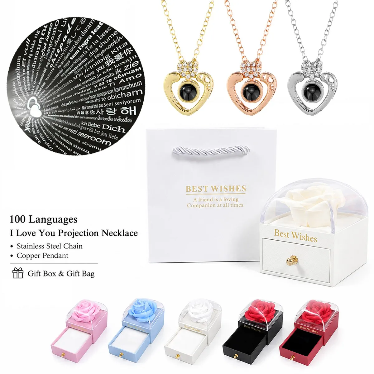 Heart Pendant 100 Languages Projection Necklaces With Rose Gift Box For Women Mother Christmas Valentine Birthday Jewelry
