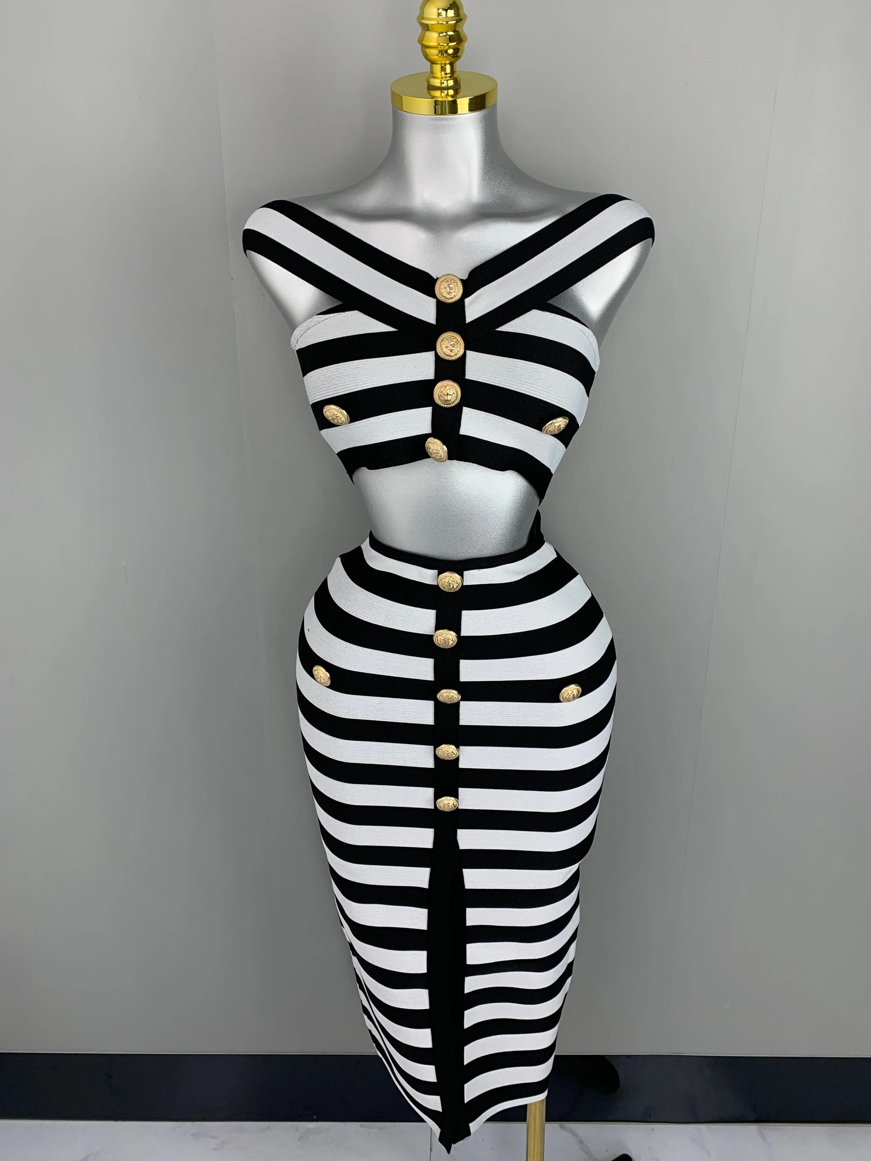 Women\'s Off Shoulder Striped Button Black White Bandage Skirt Set 2024 Celebrity Knitted Elegant Evening Club Party Clothing
