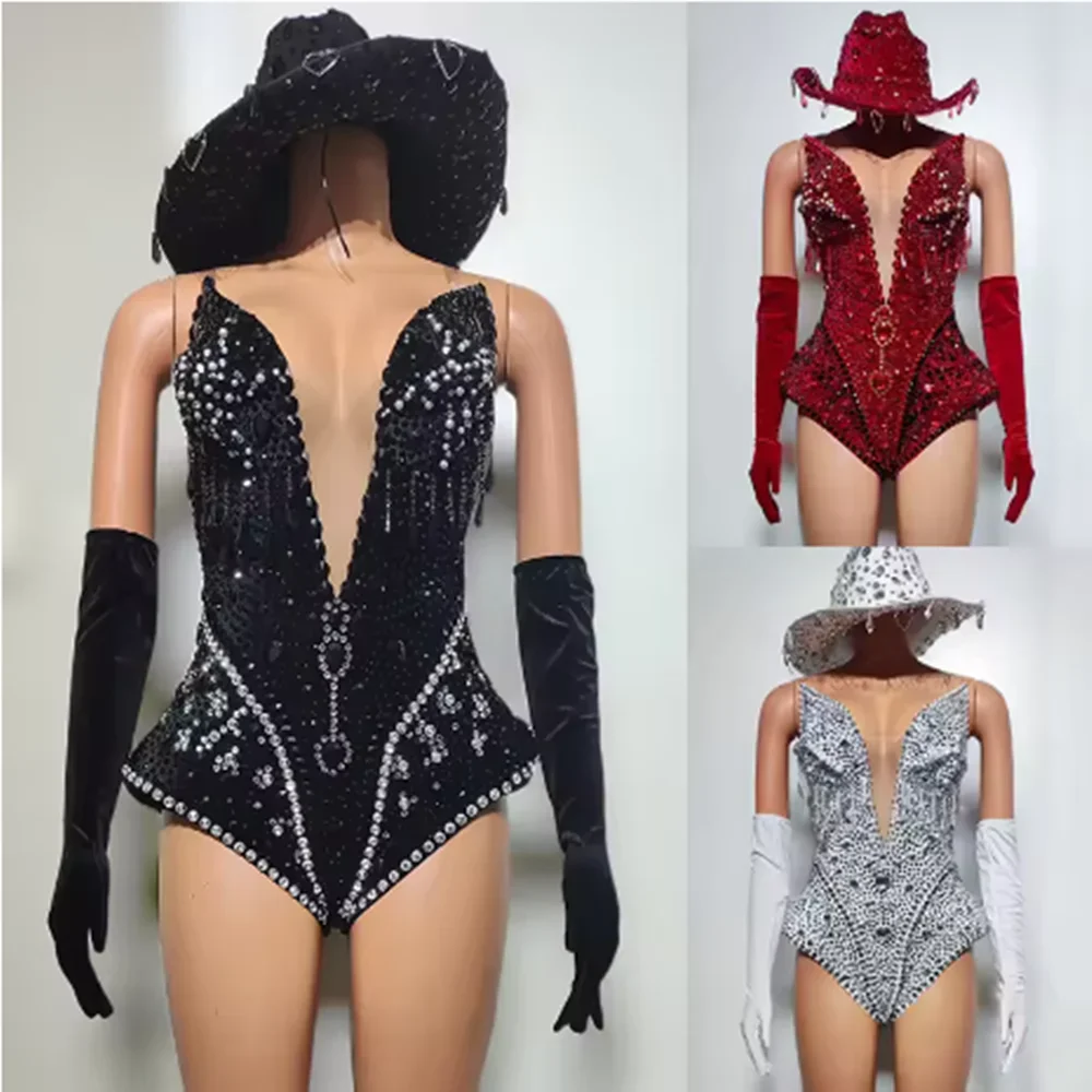 

Костюм для танцев Gogo 2025: Сексуальный боди с блестками и стразами, сценический наряд для шоу, женский костюм для выступлений, одежда для фестивалей и рейвов, красный