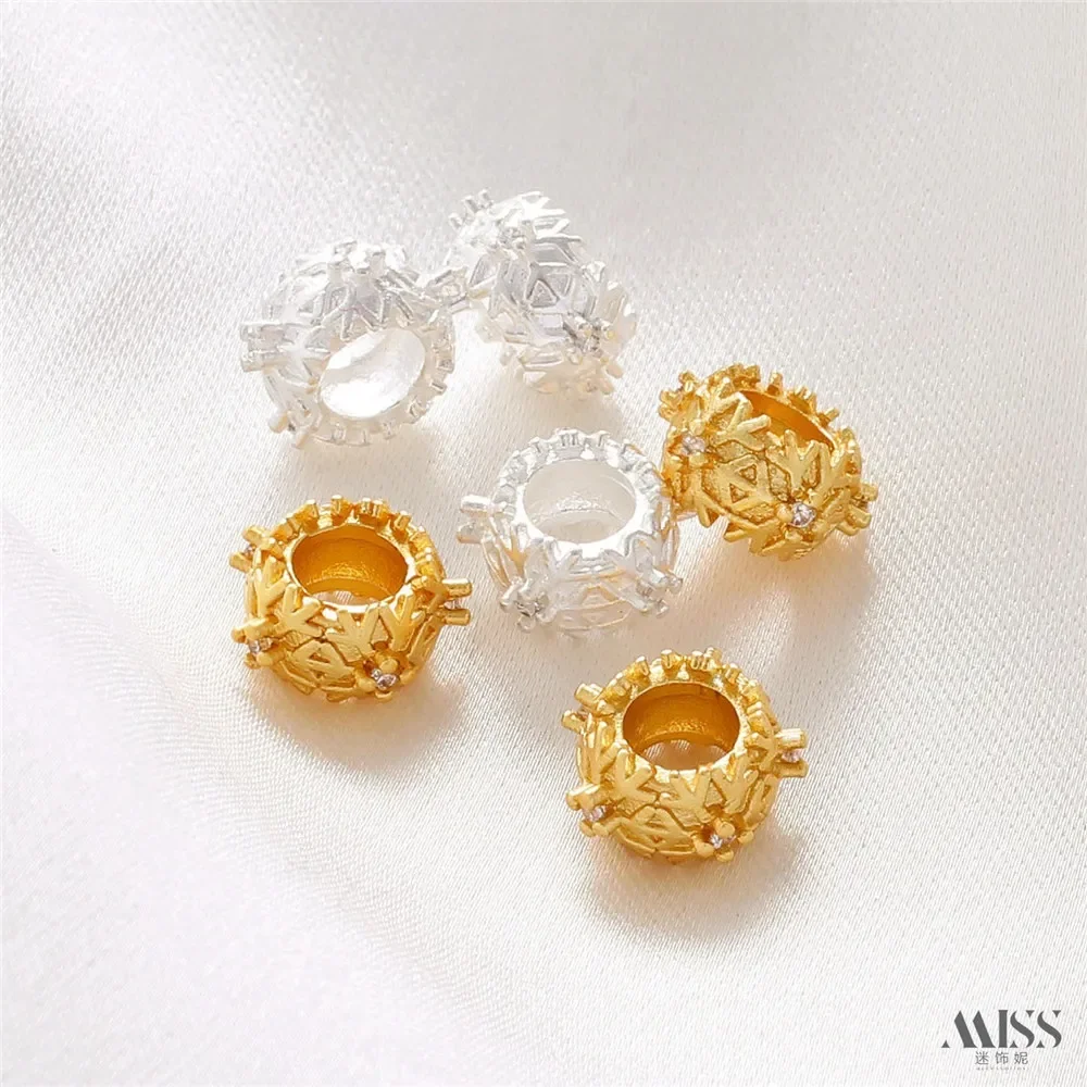 18K Matte Gold Color Silver Zircon Snowflake Large Hole Bucket Bead Spacer DIY with Bead Bracelet Necklace String Accessories