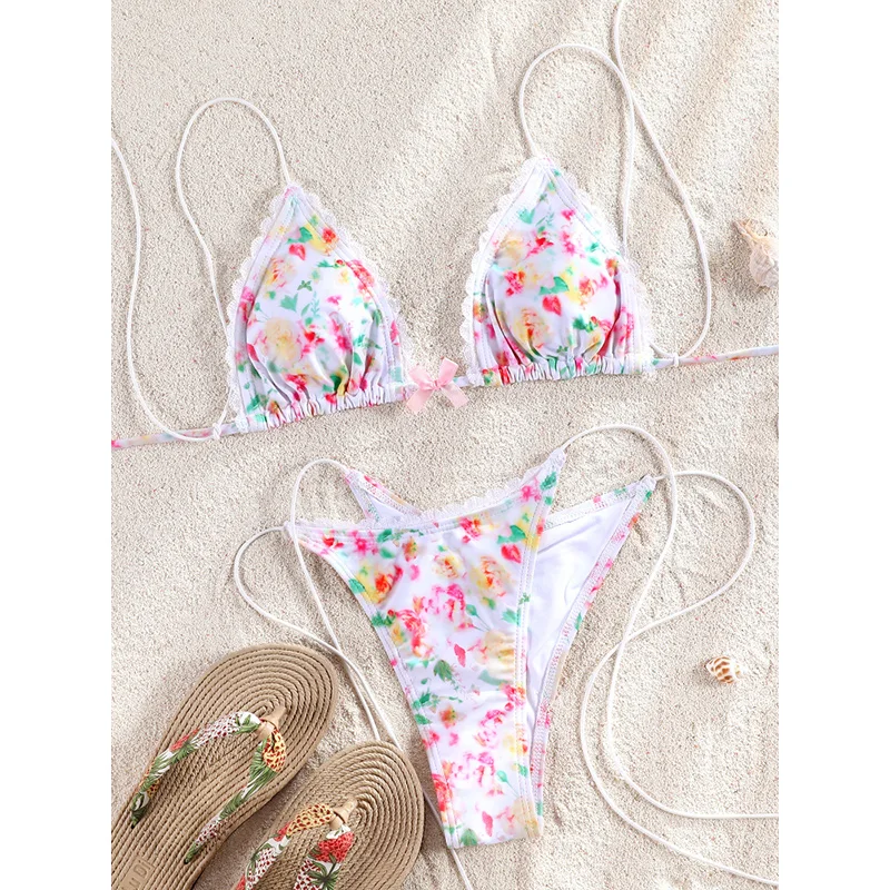 

Triangle Swimsuits Floral Print Bikini String Swimsuit Bandage Bikinis High Cut Swimwear Summer Beachwear Two-Piece Bathing Suit