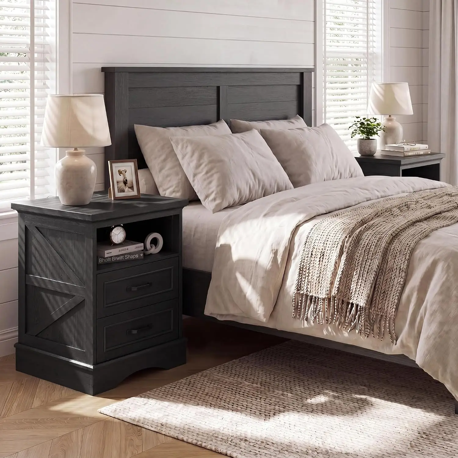 Rustic Nightstand Set of 2 with Charging Station, 2 Drawers Wood Bedside Table Bedroom Living Room Black, Customized