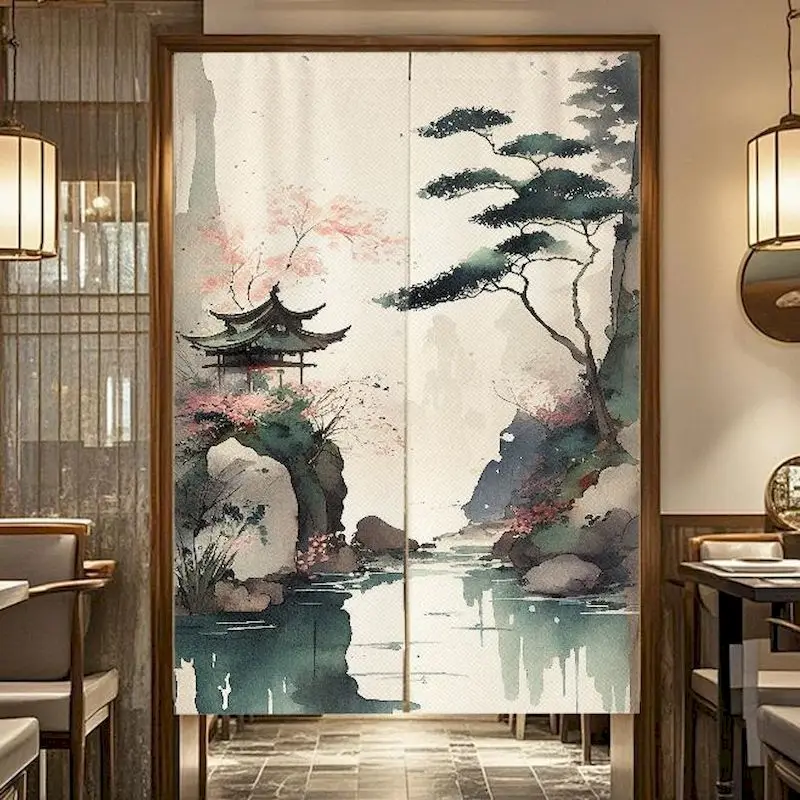 VIKAMA Japanese Wave & Pagoda Door Curtain, 6 Designs, Polyester Noren Doorway Cover for Home