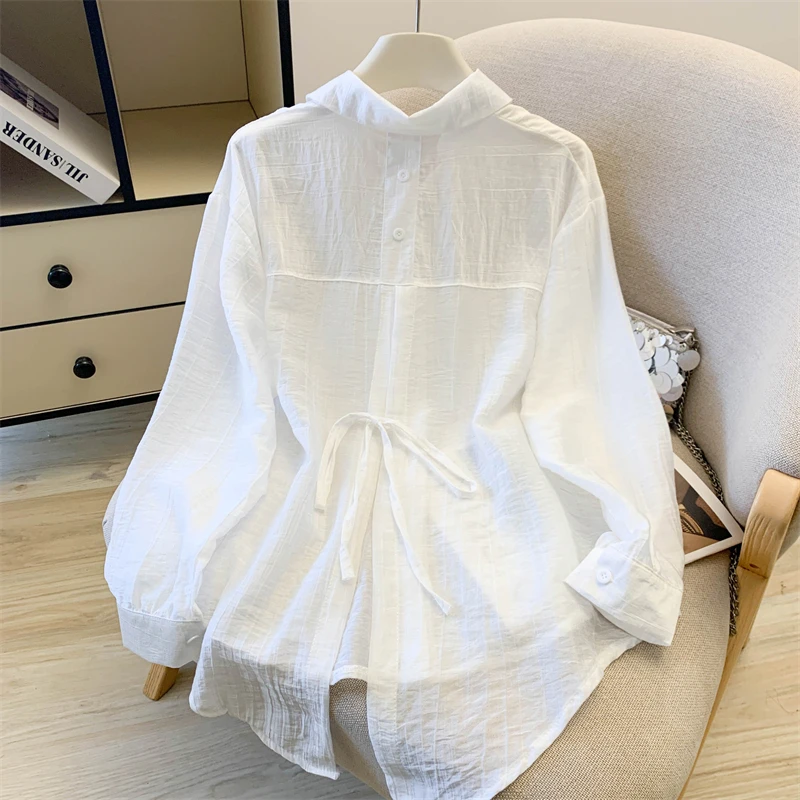 

White Thin Long Sleeve Collar Shirt Women's Spring New Style Original Design Back Strap Split Design Fashionable Outerwear