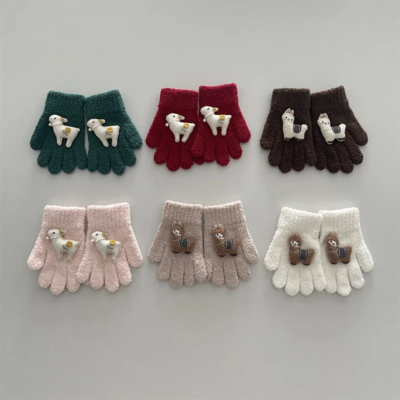 cartoon Girls Plush Knitted Full Finger Gloves, Solid Candy Color Half Fleece Toddler Gloves, Thick Soft Kids Winter Hand Mitts