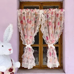 1Panel Short Curtains With Flax Pattern Peach Pink Cute, Fruit Print Kitchen Curtains ,Lace Ruffles Half Window Screen Decor