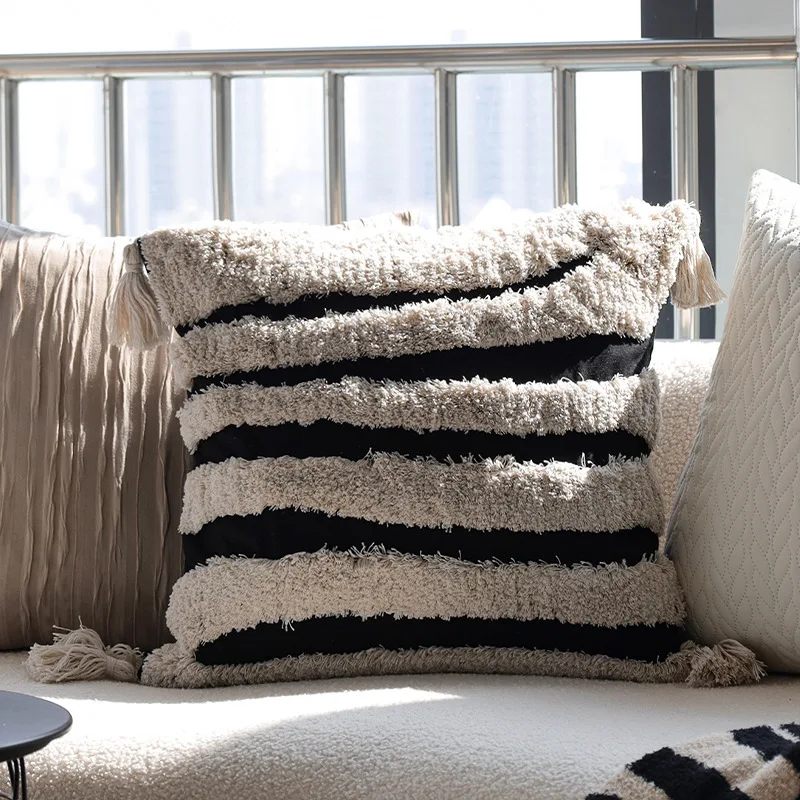 45X45 Boho Geometric Stripes Tufted Cushion Cover Beige Black Tassel Patchwork Throw Pillow Covers Cojines Decorativos Para Sofá