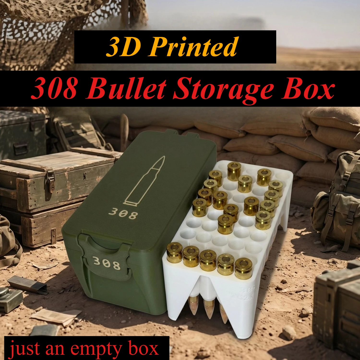 3D Printed 308 Bullet Storage Box with Large Capacity and Snap Buckle Design Sturdy Structure Easy To Store and Classify Bullets