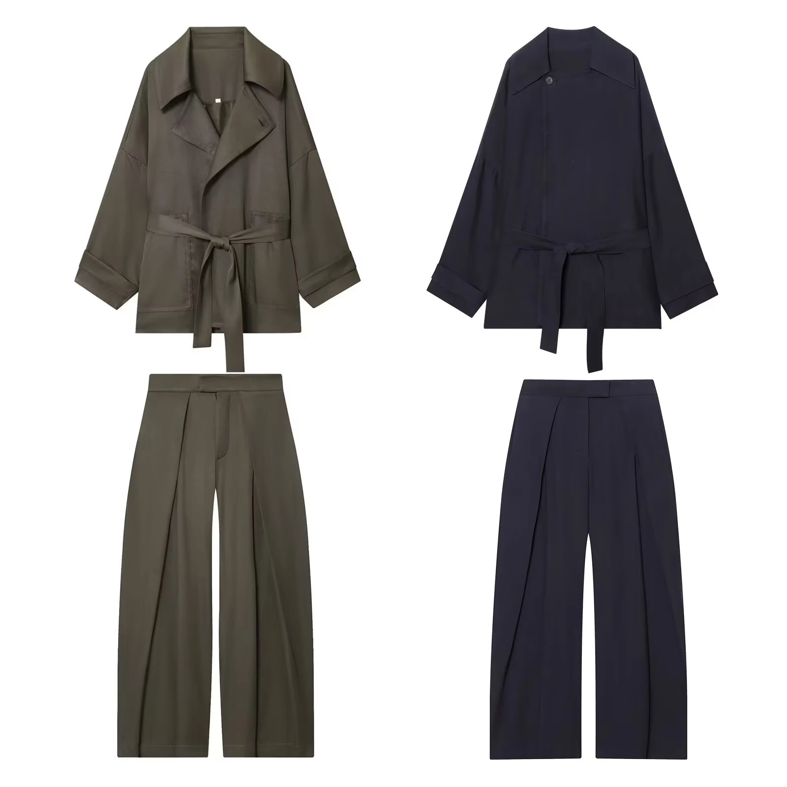 European and American style 2026 summer new women's clothing design waist belt flowing jacket high waisted pants set