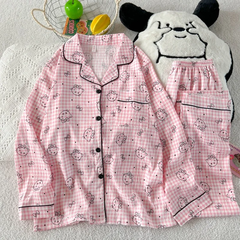 

Hello Kitty Cute Kawaii Pajama Set for Women Autumn Soft Fabric Comfort Plaid Loungewear 2 Piece Long Sleeve Top Pants Sleepwear