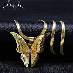 Butterfly Hollow Carved Rhinestone Pendant Necklace for Women Gold Color Stainless Steel Snake Chain Necklace Jewelry Gift