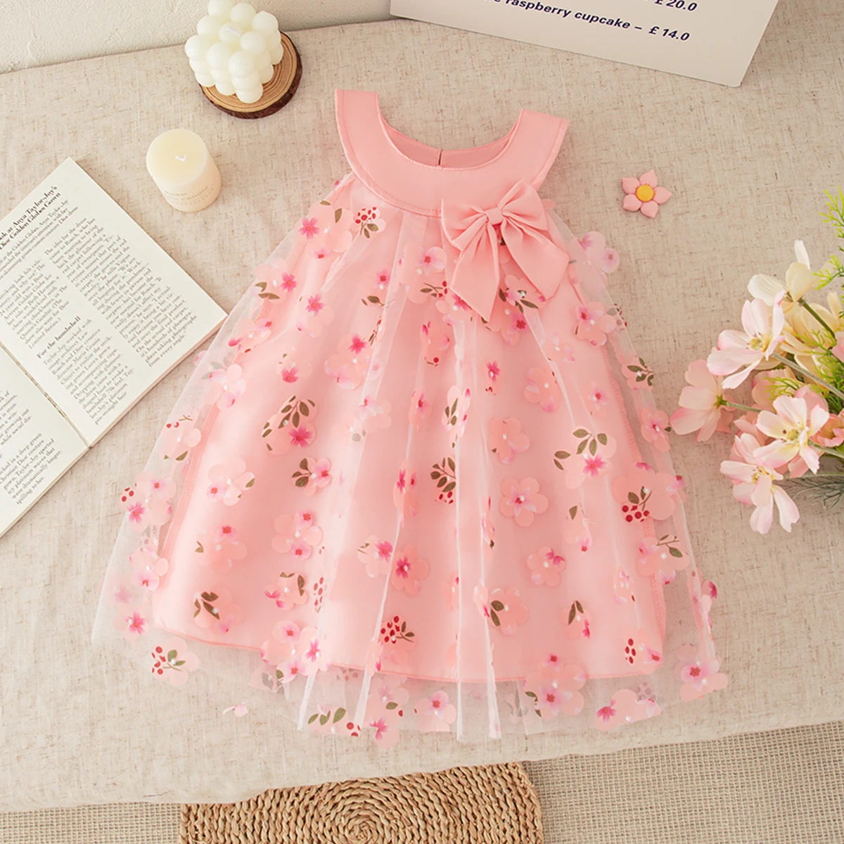 طفلة فستان الصيف زهرة القوس أكمام فتاة فستان لطيف شبكة فتاة فستان الأميرة ملابس الطفل فتاة ﻿