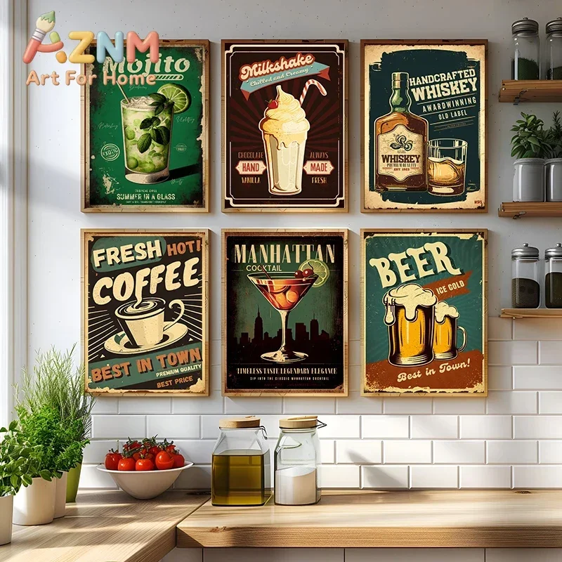 Retro Drink Cocktail Poster Vintage Advertisement Martini Beer Whiskey Coffee Canvas Painting Wall Art for Bar Room Home Decor