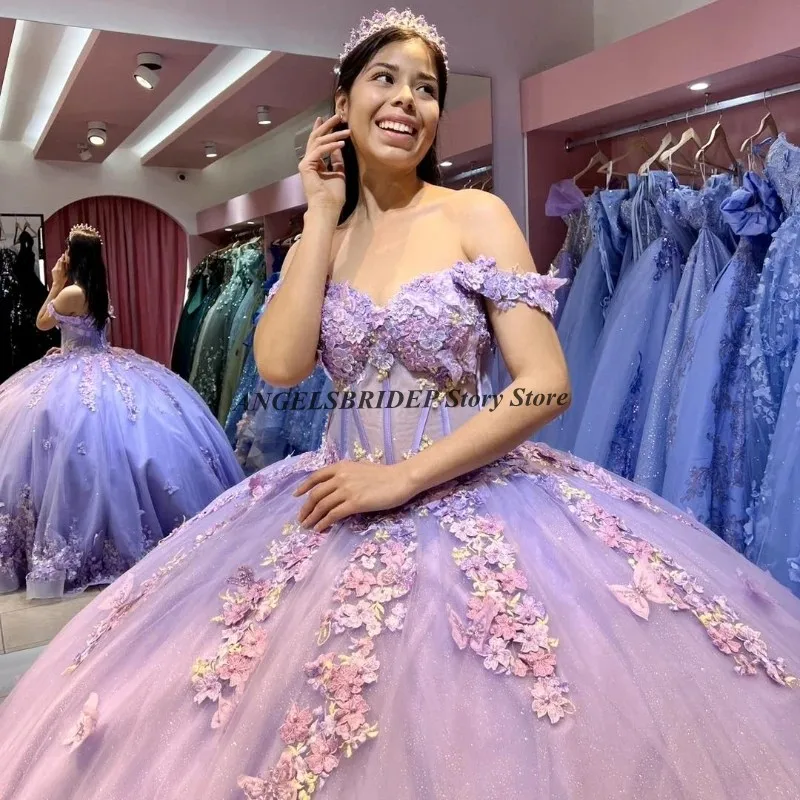 Angelsbridep lavanda princesa quinceanera vestidos frisados rendas apliques arco doce 16 vestido méxico vestido de 15 anos personalizado