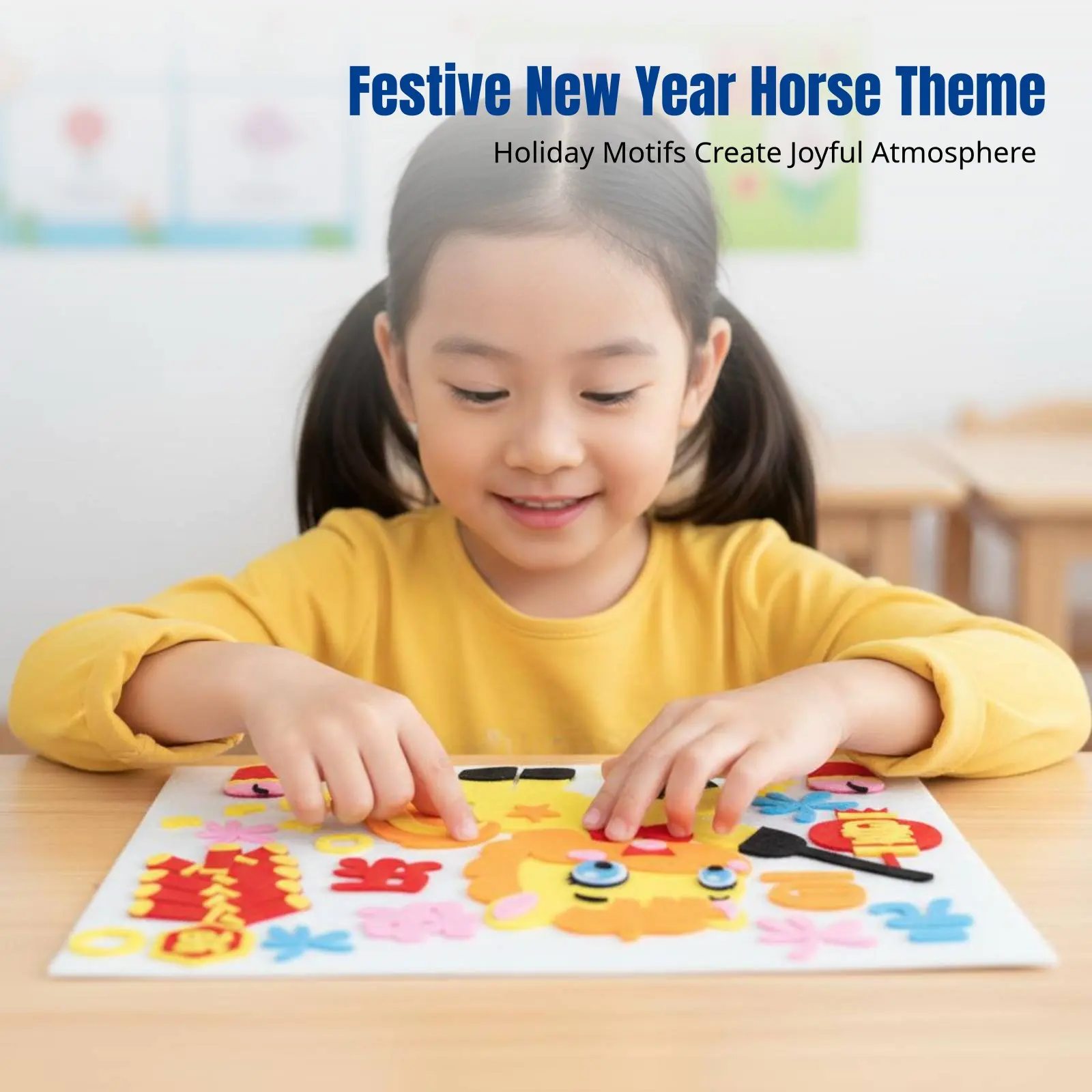 

2026 New Year DIY Fabric Art Sticker, Creative Craft Kit, Horse Year Theme, for Kids, Kindergarten, Primary School, Removable
