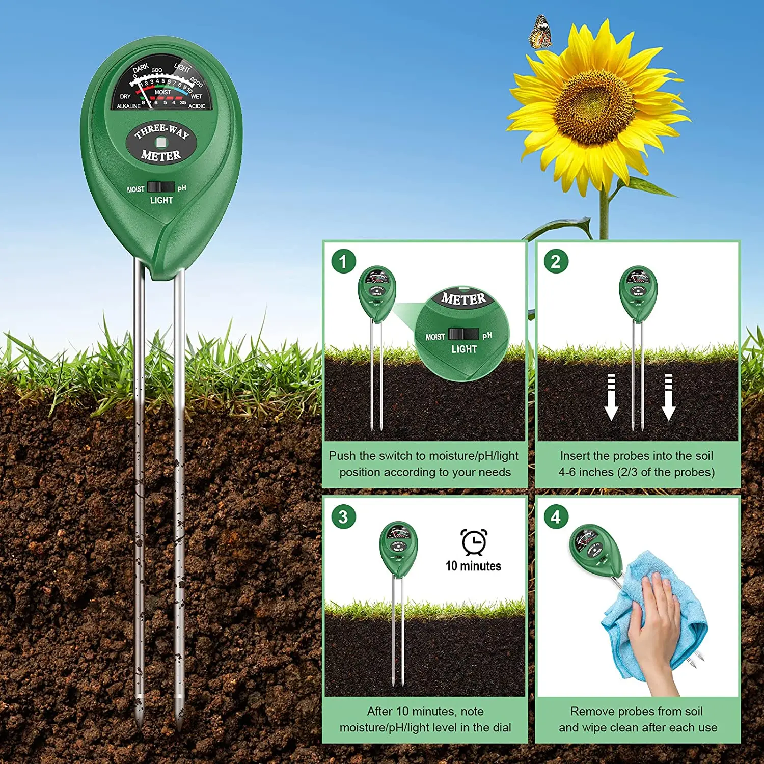 Medidor de umidade do solo 3 em 1 medidor ph tester para acidez umidade umidade luz nutrientes ferramenta cuidados com as plantas instrumento teste