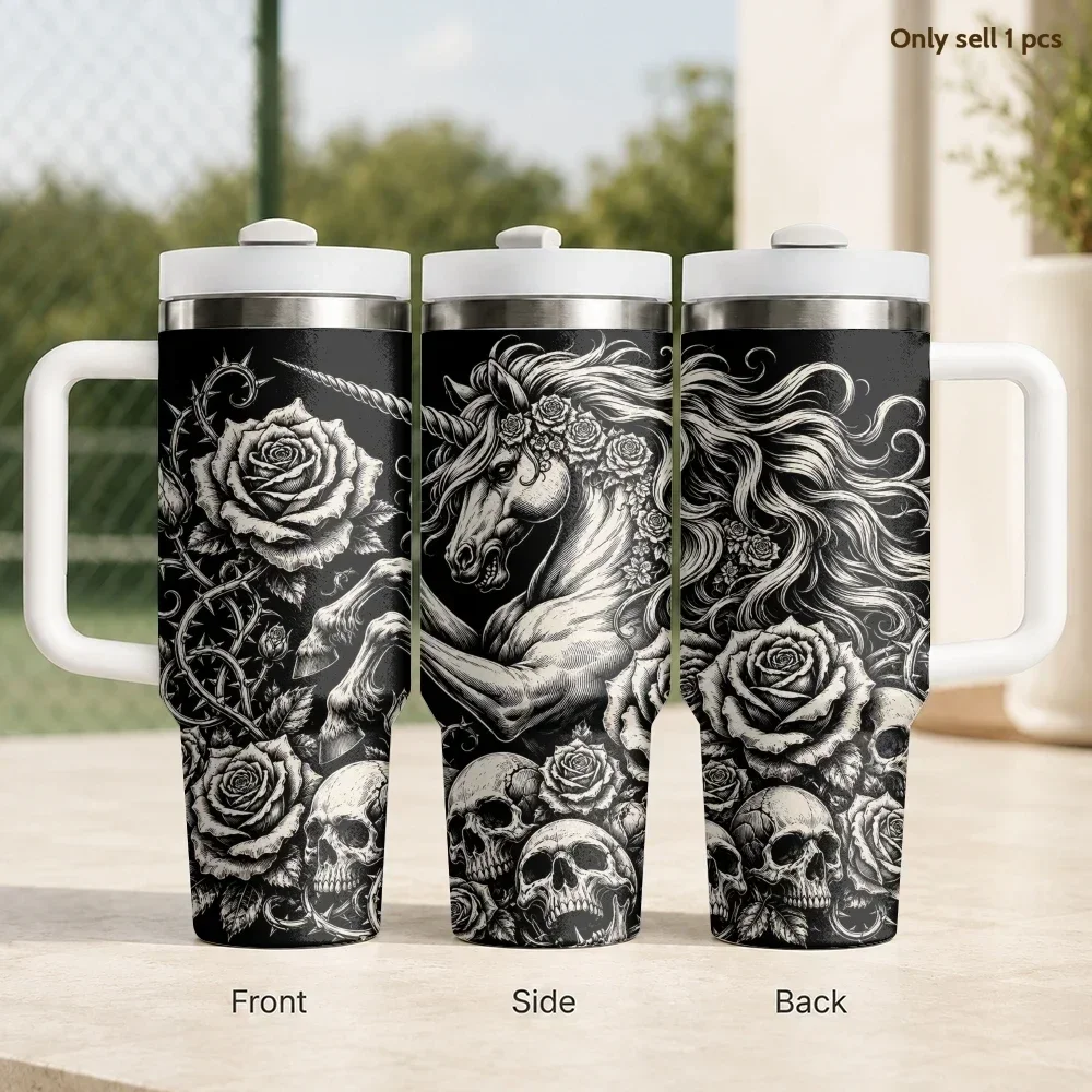 Dark Unicorn Rose Skull Vacuum Flasks 40oz Stainless Steel Insulated Tumbler with Handle & Straw Leakproof Travel Mug For Gifts