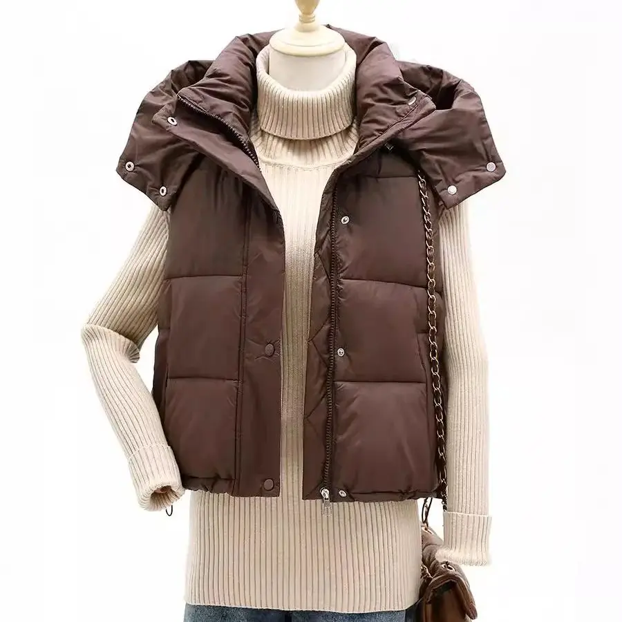 Gilet corto in cotone autunno inverno Giacca senza maniche con cappuccio da donna Cardigan con cerniera allentata semplice e versatile in stile europeo alla moda