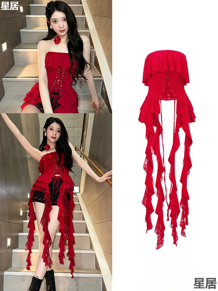 Women Group Stage Costumes Sexy Red Ruffled Lace-up Irregular Hem Strapless Tops Nightclub Dj Rave Clothes Singer Jazz Clothing