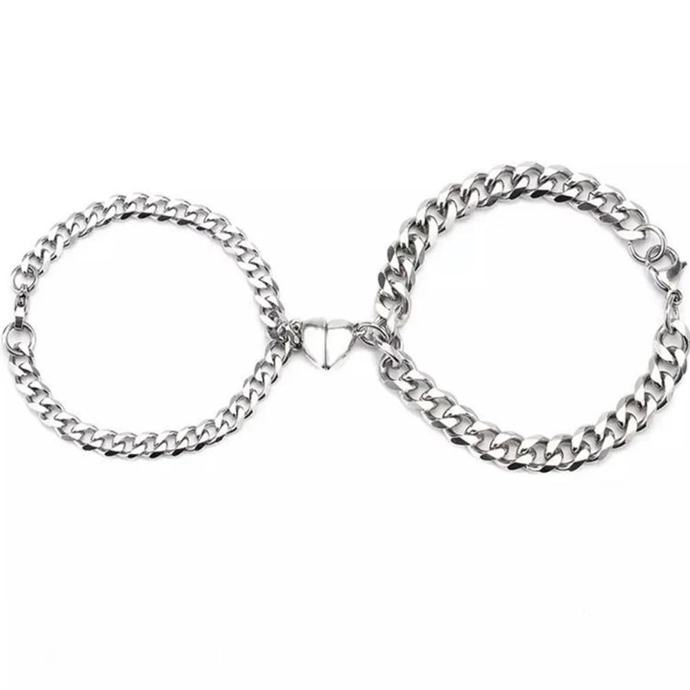 2 PCS Set Couple Magnetic Buckle Heart Charm Bracelet Design Creative Chain Style Valentine Day Magnet Attraction Bracelet image 2