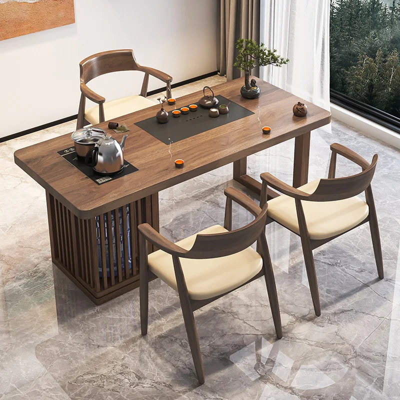 New balcony tea table and chair combination household small apartment solid wood tea table modern kung fu tea