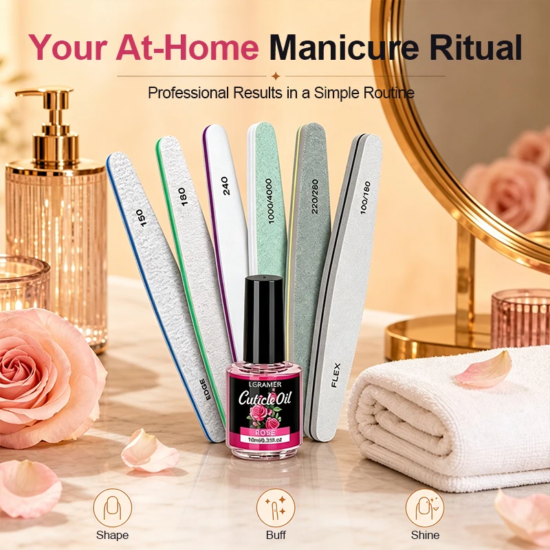 7pcs Nail File Nail Buffer Set with & 10ml Rose Cuticle Oil, Double-sided Grit Nail Buffers for Natural & Acrylic Nails Files