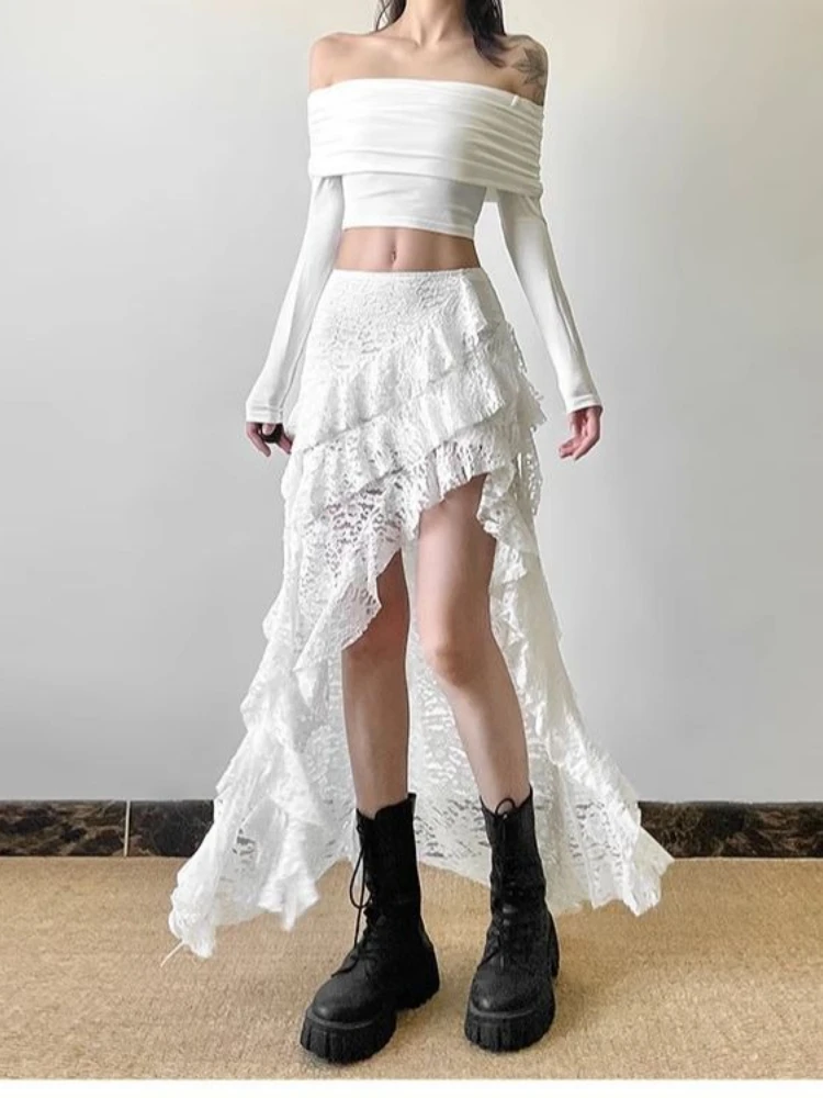 Deeptown Elegant Boho Lace Ruffle Skirt Women Vintage White Tulle Irregular Skirt Korean Style Street Summer Layered Mid Skirts