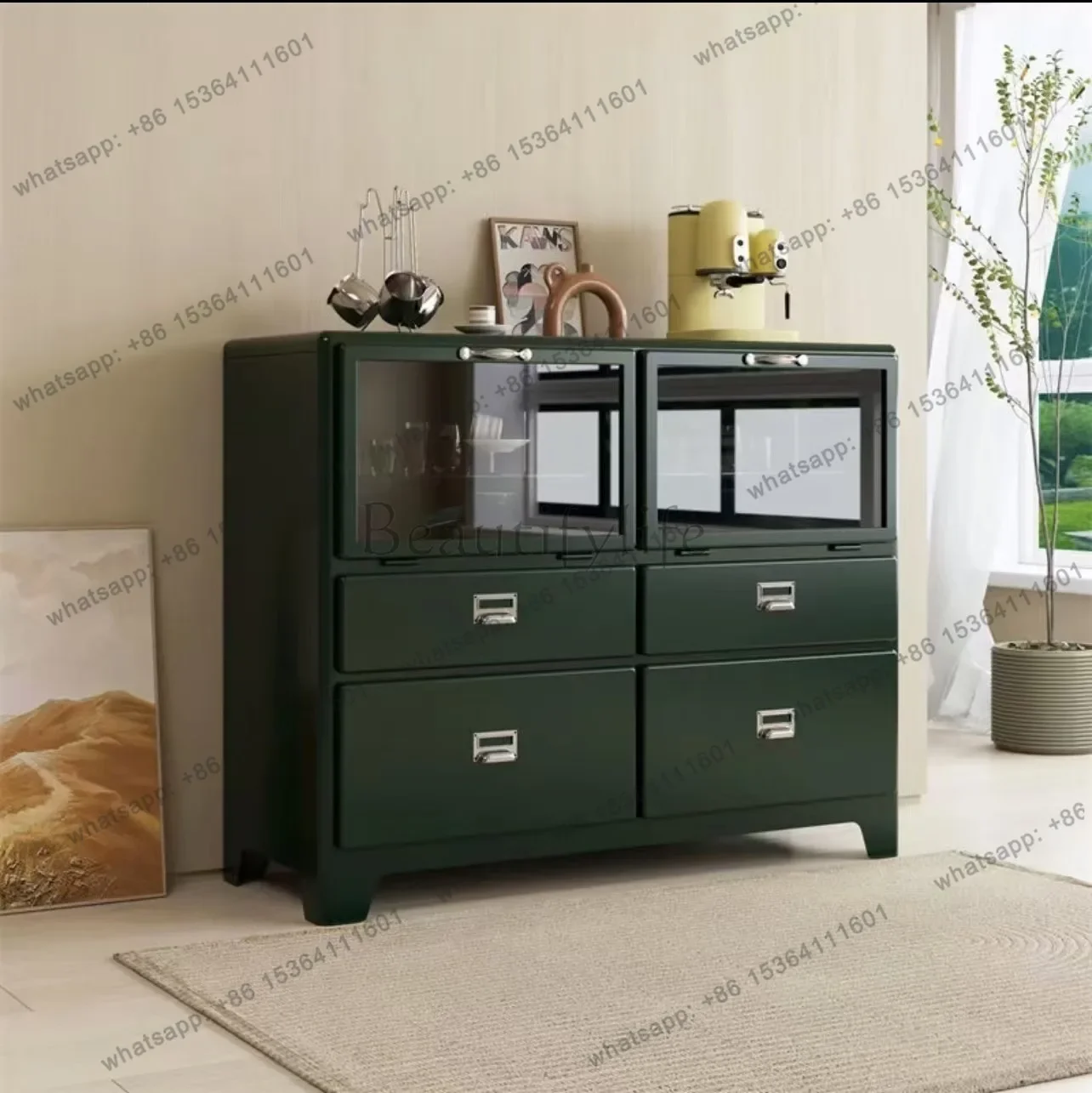 jj4 Wrought iron four-bucket drawer cabinet, metal storage, retro dining side wine cabinet, industrial windshield cabinet