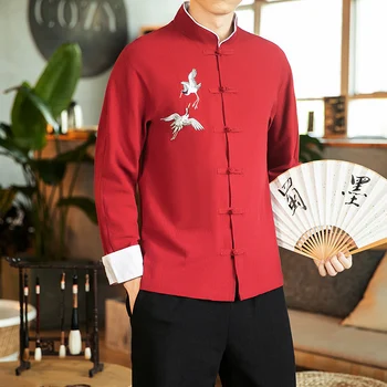 Cappotto con codolo rosso primaverile e autunnale con ricamo a gru fata camicia Kung Fu in lino a maniche lunghe Vintage da uomo tradizionale cinese