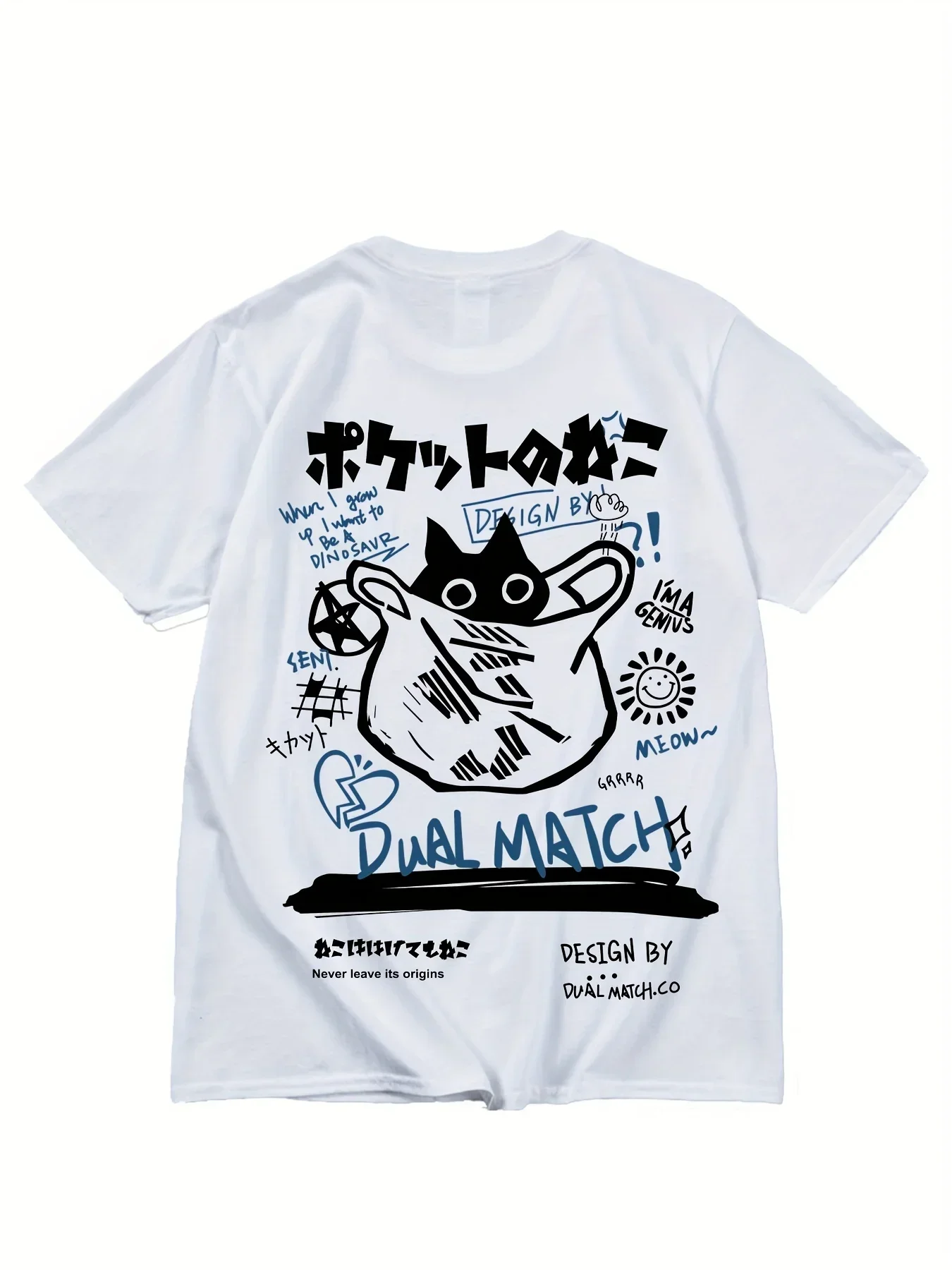 

Women's Black Cat Print T-shirt, Casual Short Sleeve Blend Crew Neck Tee, Men's Clothing for Outdoor