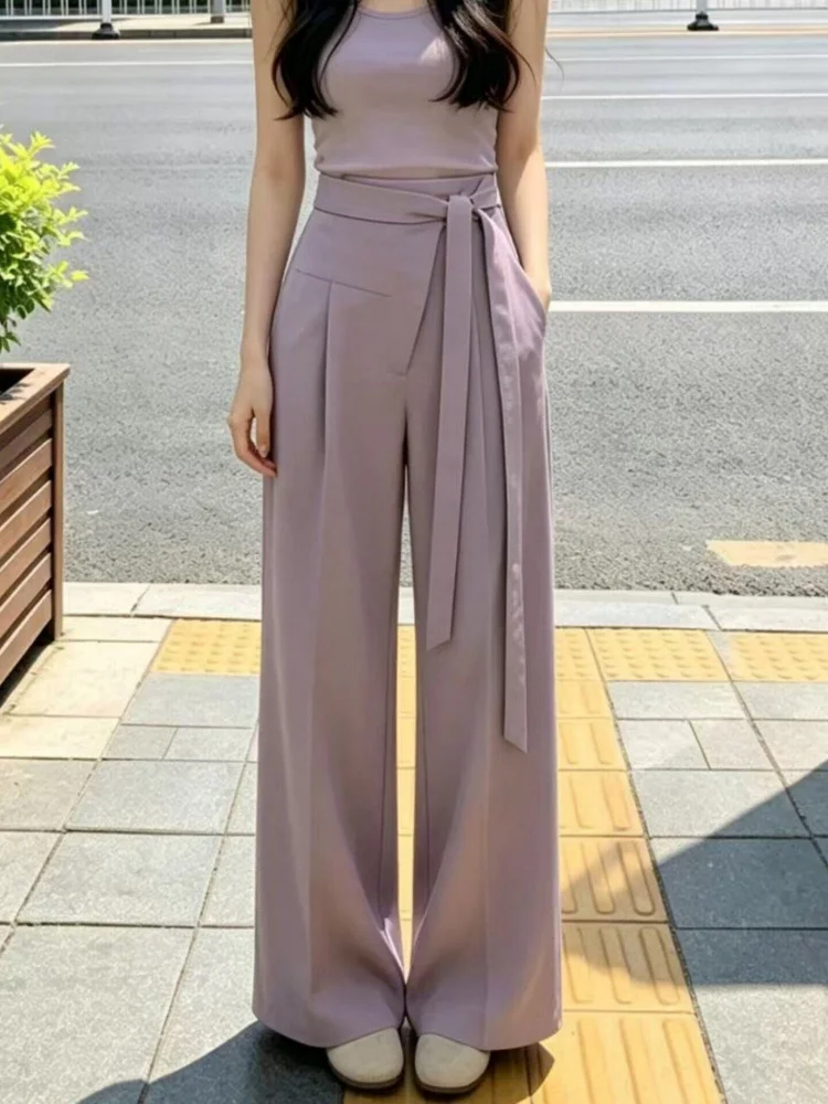 Purple High Waist Wide Leg Pants Women's Summer New Minimalist Style Slimming Hip Covering Commute Fashion Casual Pants