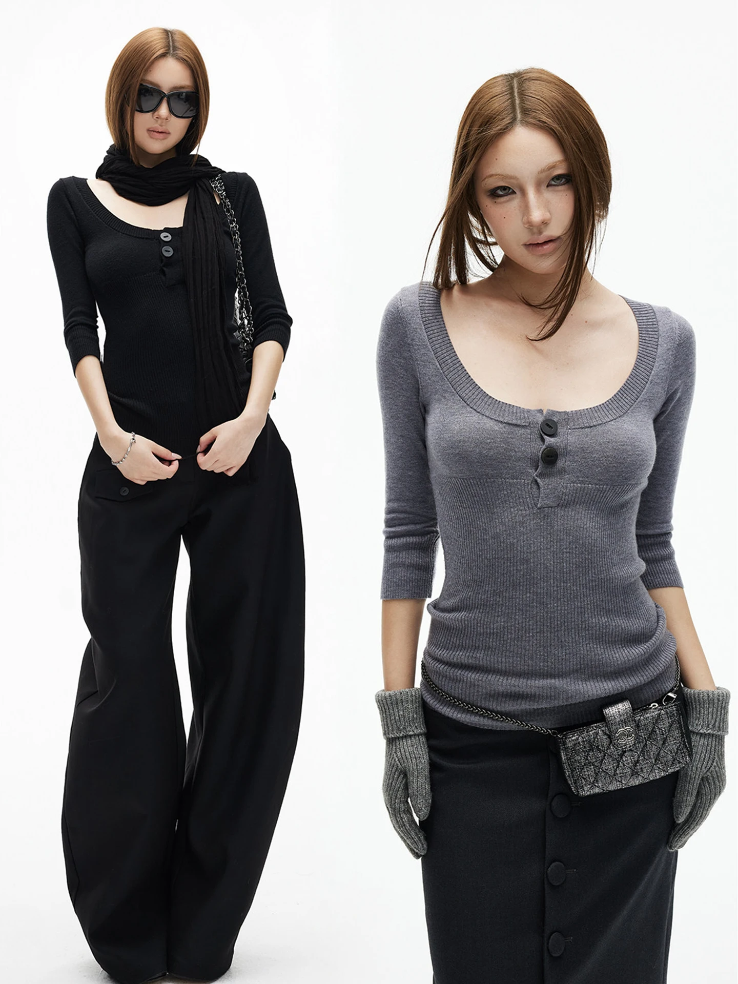 Versatile Black Knitted U-Neck Henry Collar Base Shirt Women's Slim Fit Fashionable Lazy Autumn Winter Top French Style Regul...