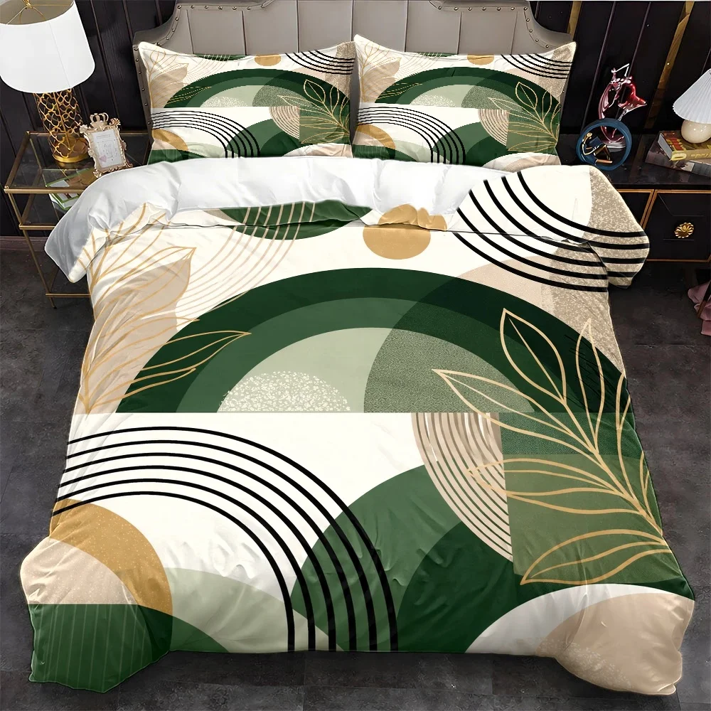 3Pc Abstract Geometric Green Plant Gold Foil Quilt Cover Set, Three-Piece Bedding Set (1*Quilt Cover + 2*Pillowcases), Suitable for All Seasons, Machine Washable, Invisible Zipper Double Bed Cover, Universal for Home, Dorm, Master Bedroom, Guest Room, Large Bedding Set, Modern Art Style Bed Cover Set, Light Luxury Bedroom Bedding, Easy-To-Clean Skin-Friendly Quilt Cover Three-Piece Set, Geometric Pattern Bedding Three-Piece Set 2D Flat Print