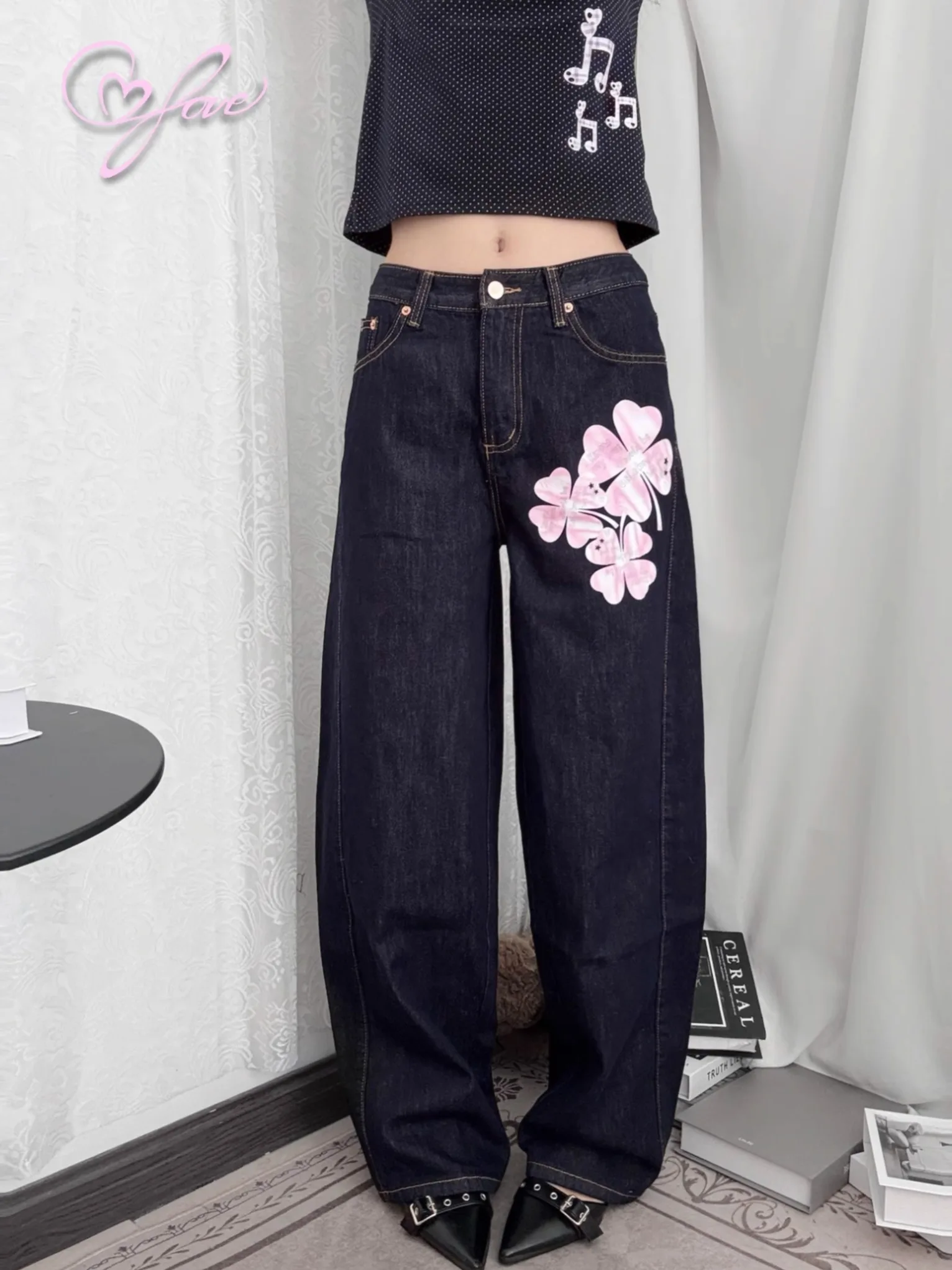 

Джинсы Casper970 винтажные, свободного кроя, с принтом четырехлистного клевера, широкие штанины, повседневный уличный стиль, женские джинсы свободного кроя из денима