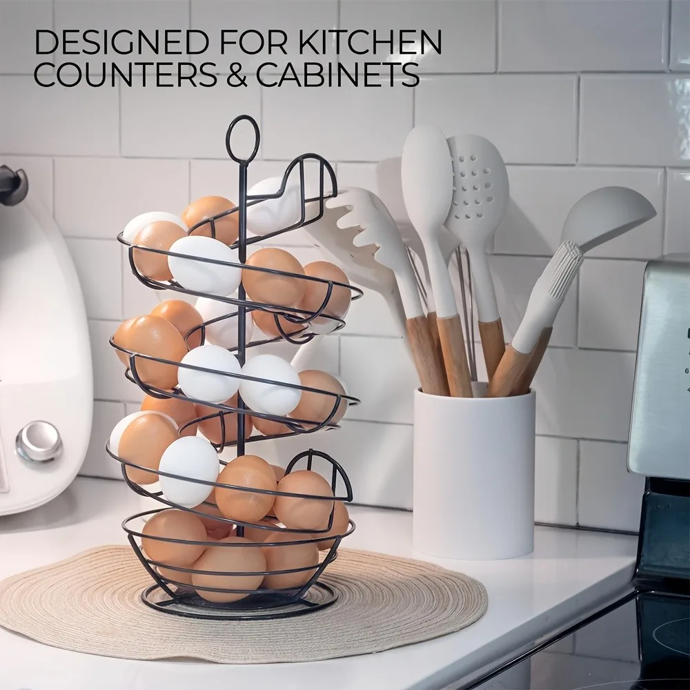 Metal Wire Spiral Egg Holder, Countertop Egg Storage Rack with Basket, Large Capacity Egg Dispenser for Kitchen Organization