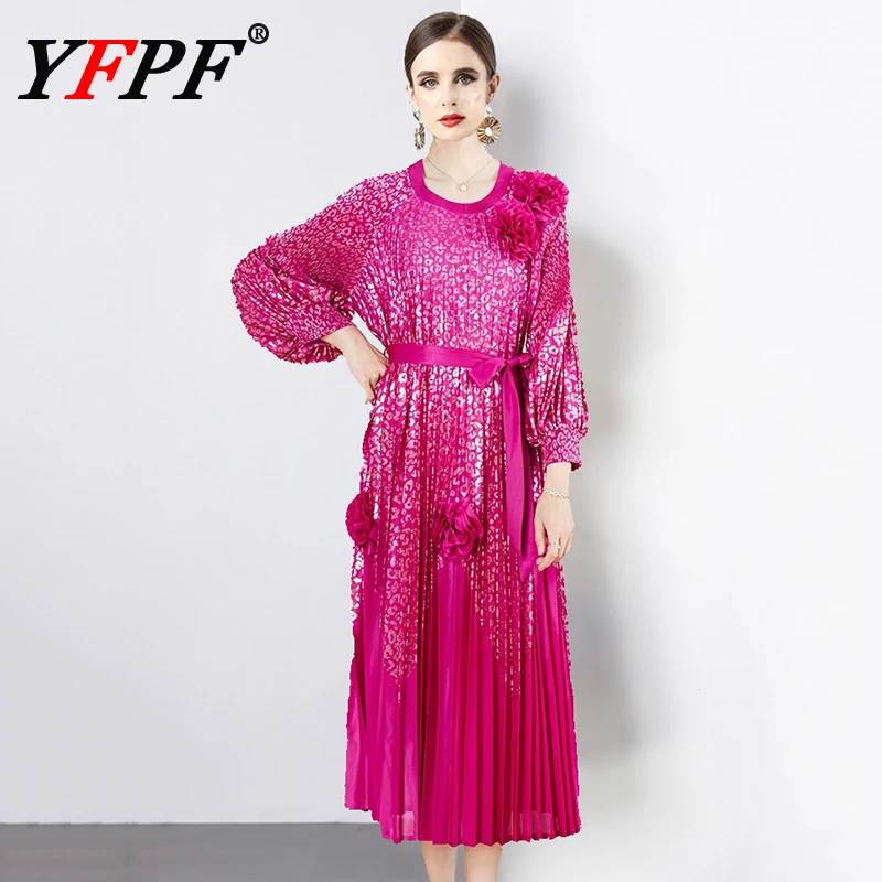 

YFPF 2025 Bronzing Design Pleated Dress Women Fashion 3D Floral Spliced Belt Gathered Waist Dresses Elegant New Clothing 3A184
