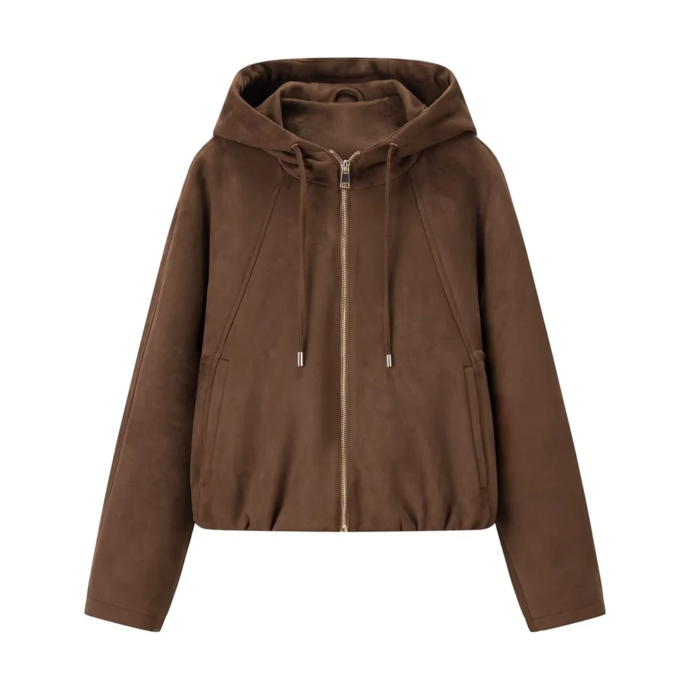 New autumn and winter women's casual loose suede texture effect hooded long sleeved solid color pilot jacket jacket