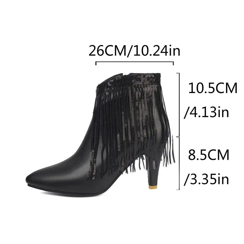 

Girseaby2025 Новый вид Ботильоны с кисточками Женские ботильоны с острым носком на тонком каблуке 8,5 см на молнии Большие размеры US14 45 46 47 Сексуальная обувь для вечеринок