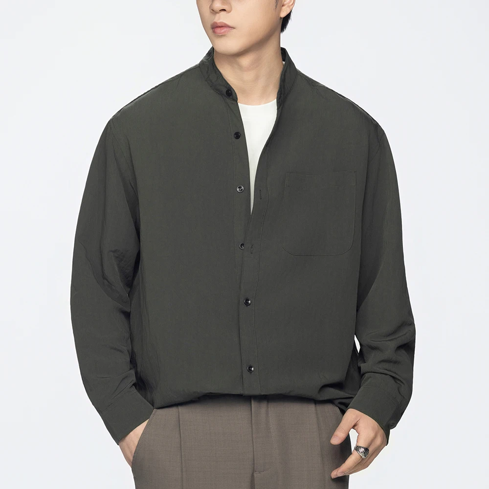 Men Spring Summer Lightweight Casual Loose Long Sleeve Stand Collar Commute Shirt Cardigan Male Streetwear Shirts Tops