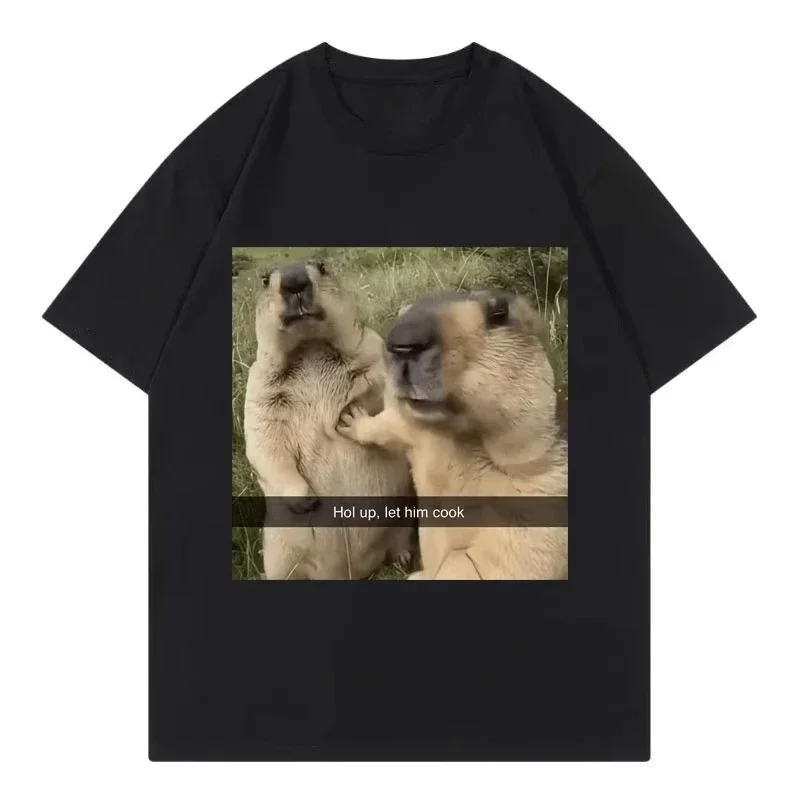 Hold Up Let Him Cook Funny Hamsterraphic T Shirts High Street Fashion Trend Unisex Casual Short Sleeve T-shirt